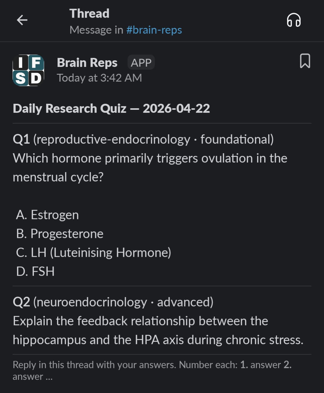 A mobile screenshot of a Slack chat interface displaying a multiple choice question.